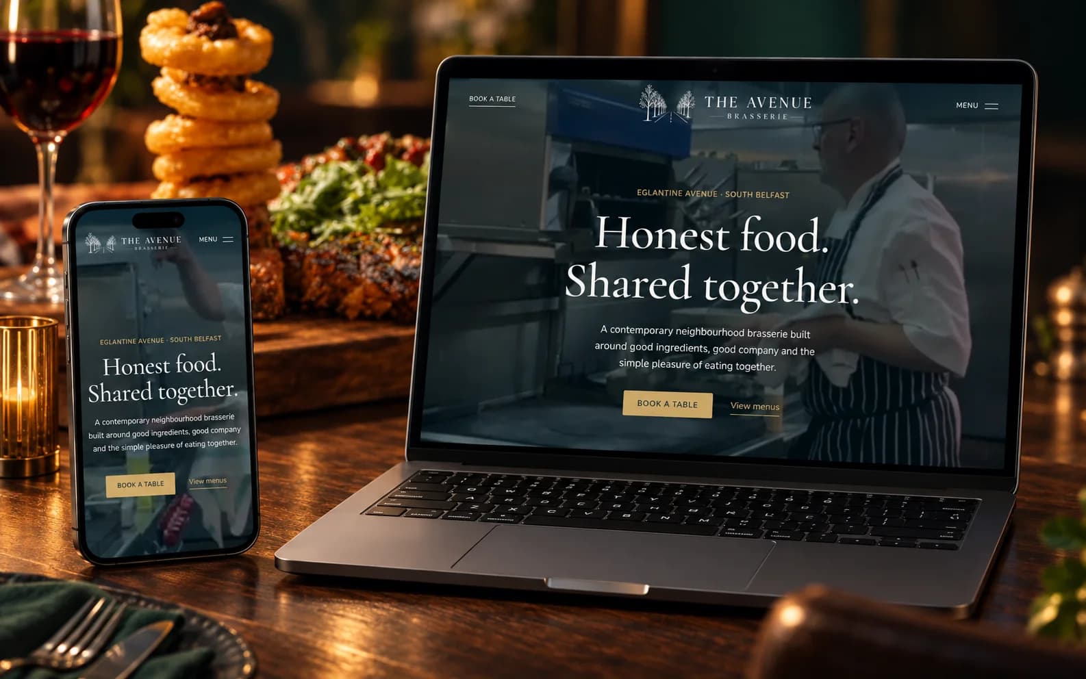 The Avenue Brasserie website on a MacBook Pro and iPhone
