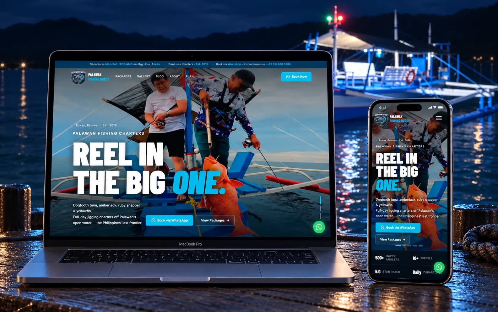 Palawan Fishing Buddy website on a MacBook Pro and iPhone